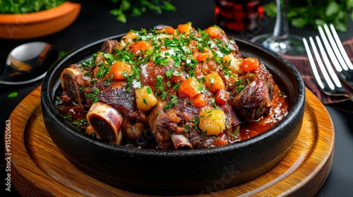 Delicious slow-cooked meat with vegetables, garnished with fresh herbs, served in a rustic pot. Perfect for gourmet dining.