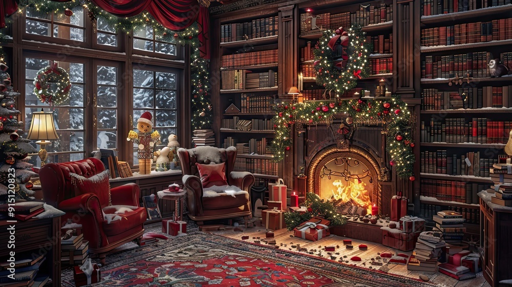 cozy bookstore with shelves filled with Christmas-themed books, a crackling fireplace, and comfortable armchairs cozy bookstore with shelves filled with Christmas-themed books, a crackling fireplace, and comfortable armchairs