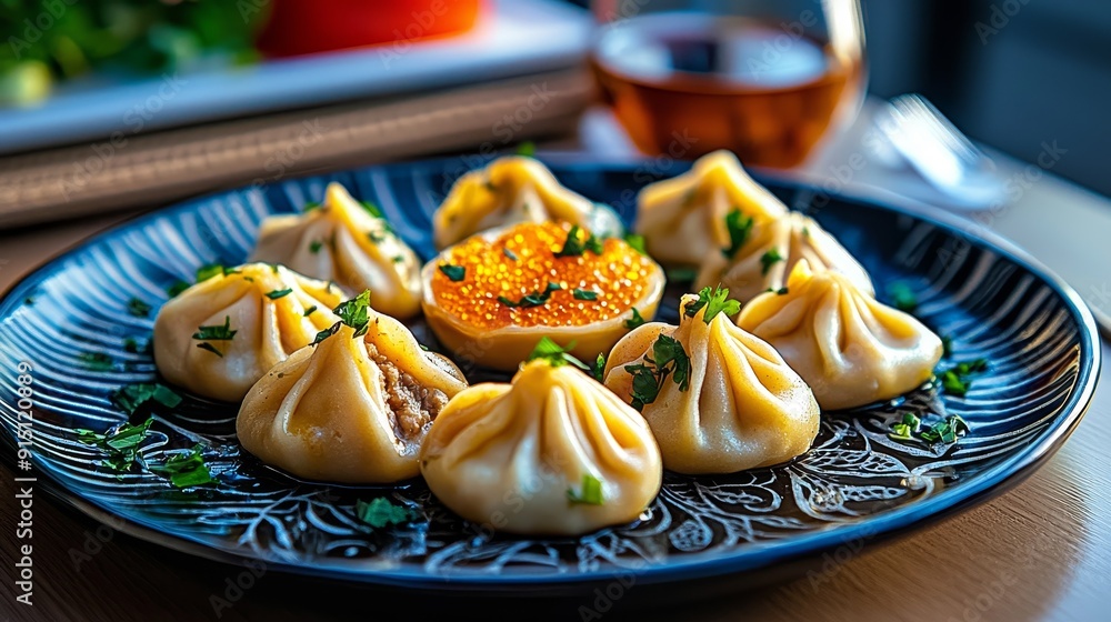 Delicious steaming dumplings served on a patterned plate, garnished with herbs, providing a delightful culinary experience. Delicious steaming dumplings served on a patterned plate, garnished with herbs, providing a delightful culinary experience.