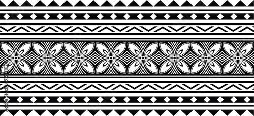 Polynesian tattoo design tribal border. Tribal design ethnic ornament maori band. Samoan Tattoo ribbon sleeve bracelet. Fabric seamless isolated hawaiian armband pattern on white background.