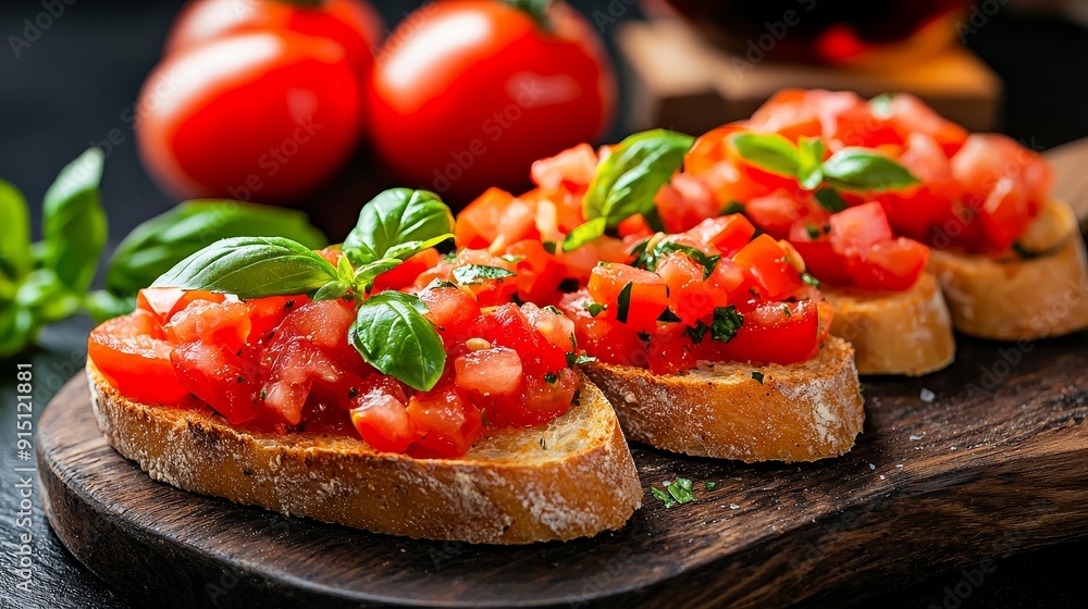 Fresh bruschetta topped with tomatoes and basil on a wooden board, perfect for appetizers and Italian cuisine. Fresh bruschetta topped with tomatoes and basil on a wooden board, perfect for appetizers and Italian cuisine.