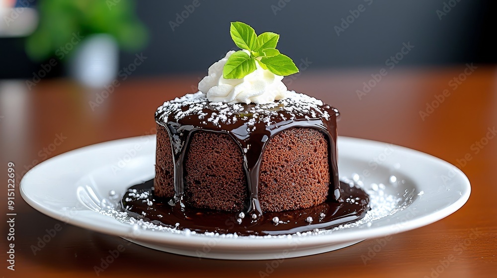 Indulge in a rich chocolate cake drizzled with sauce and topped with whipped cream and mint for a delightful dessert experience. Indulge in a rich chocolate cake drizzled with sauce and topped with whipped cream and mint for a delightful dessert experience.