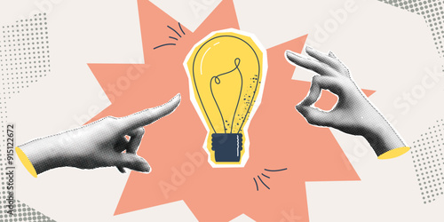 Lightbulb halftone design. Hand and lamp for idea concept. Halftone collage trendy design with hand. Vector illustration