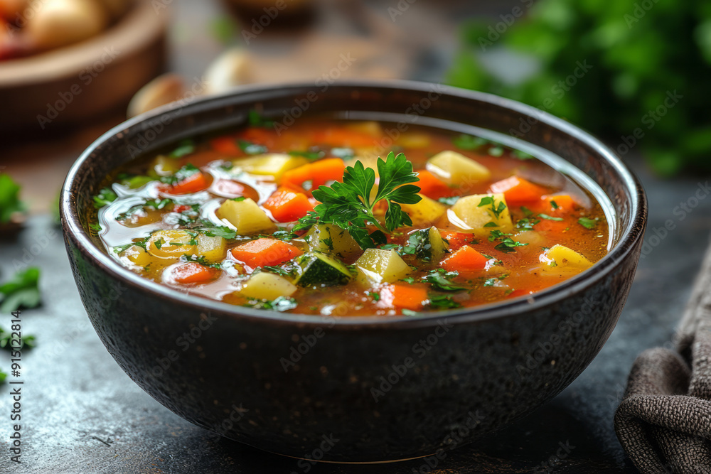 Clean and simple depiction of a bowl of vegetable soup with a sprig of parsley for garnish, Clean and simple depiction of a bowl of vegetable soup with a sprig of parsley for garnish,