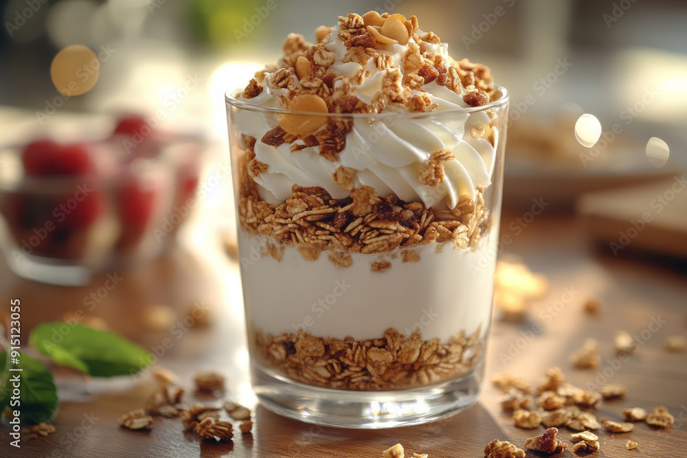 An aesthetically pleasing image of a clear glass filled with layered yogurt and granola, An aesthetically pleasing image of a clear glass filled with layered yogurt and granola,