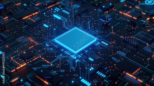 Glowing Circuit Board with a Central Processor