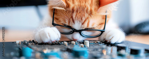 A curious cat wearing glasses examines a circuit board, showcasing its playful interaction with technology.