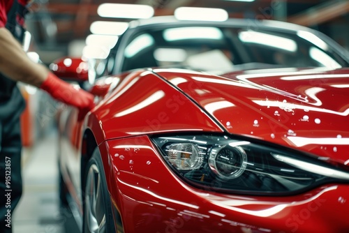 Close up of worker applying custom car wrap vinyl on red sports car in auto workshop