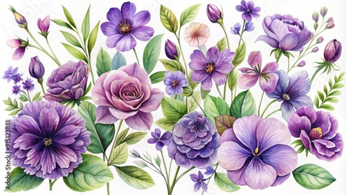 Wallpaper Mural Purple Watercolor Floral Bouquet - Roses, Pansies, and Anemones - Botanical Illustration - Flower Art - Floral Design - Spring Flowers - Watercolor Painting Torontodigital.ca