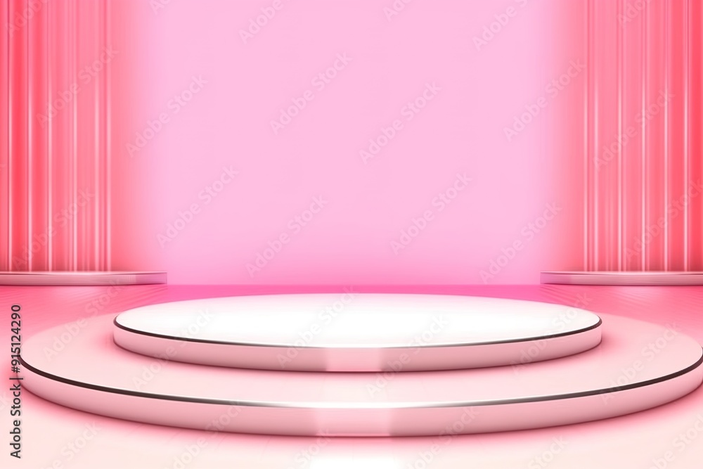 Two-tiered white pedestal with a pink background. Two-tiered white pedestal with a pink background.