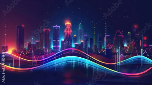 Neon Cityscape with Wavy Lines