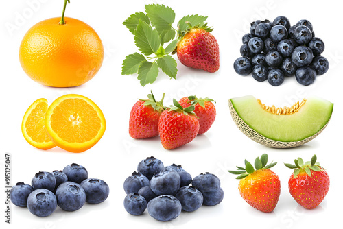 Fresh fruit grapes, strawberries, oranges and melons arranged on a white background
