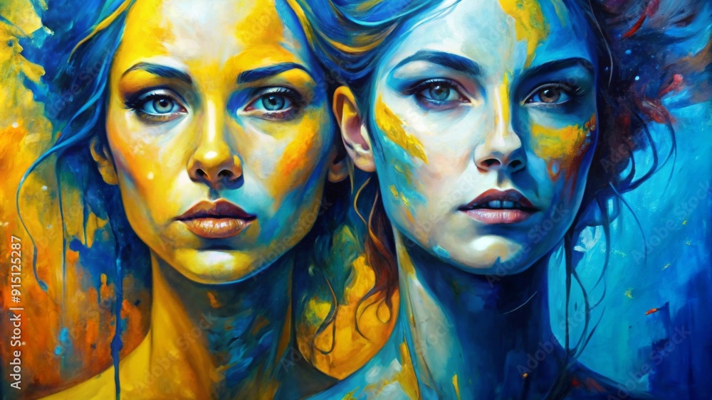 Fototapeta premium Sun and Sea A Study in Contrasting Hues - Oil Painting - Two Women's Faces, One Yellow, One Blue - Abstract, Surrealism, Portrait, Color Study, Female