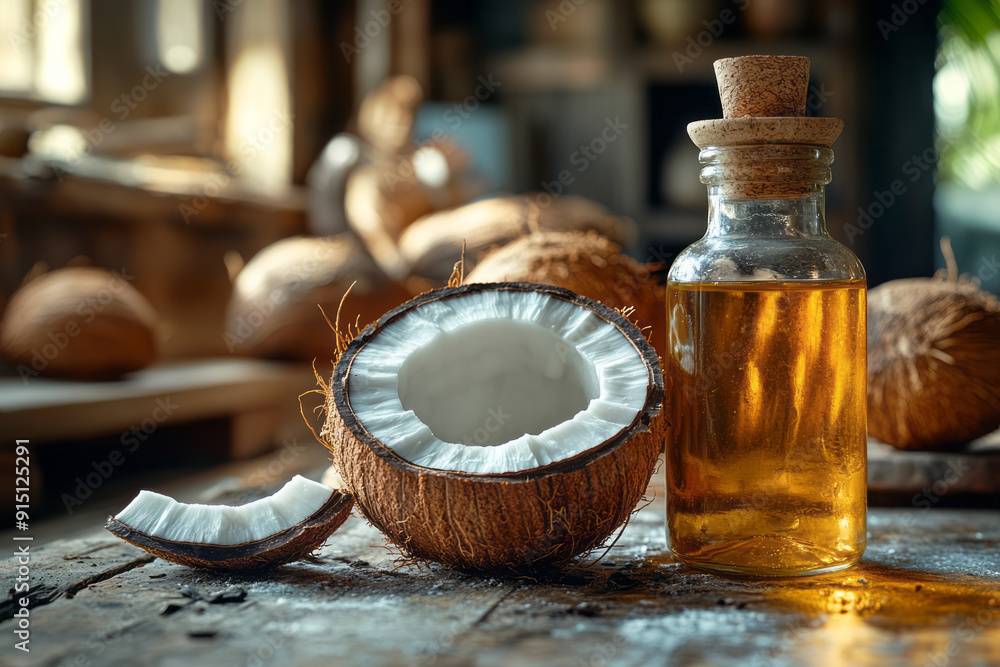 A coconut broken in half next to a bottle of coconut oil, A coconut broken in half next to a bottle of coconut oil,