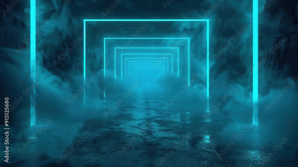 Turquoise Neon Lights in Foggy Room. Turquoise Neon Lights in Foggy Room.