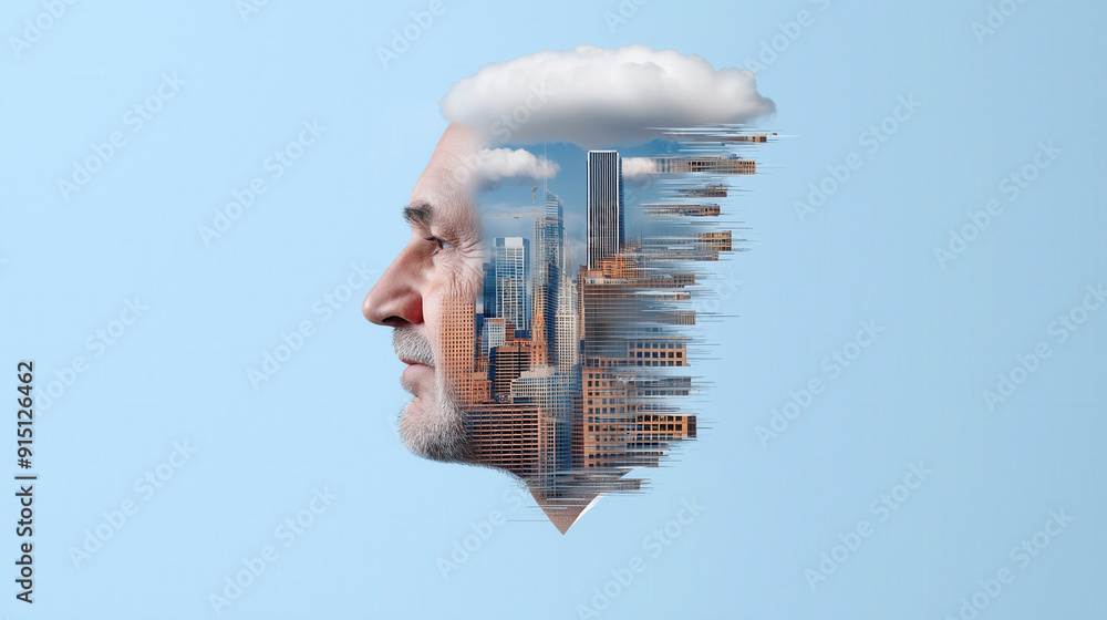 Creative double exposure of a senior man's profile, blending with a city skyline and a cloud hovering above. wisdom urban development, and the merging of human experience with architectural growth Creative double exposure of a senior man's profile, blending with a city skyline and a cloud hovering above. wisdom urban development, and the merging of human experience with architectural growth