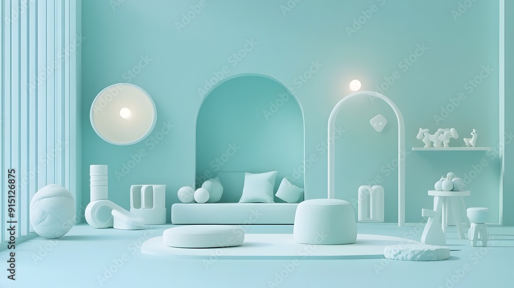 Minimalist Turquoise Playroom with White Geometric Furniture and Decor Minimalist Turquoise Playroom with White Geometric Furniture and Decor
