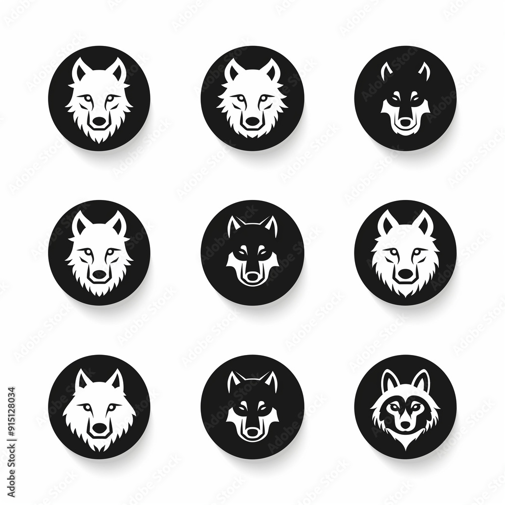 Set flat icon for wolf isolated on White background, Ai generated image Set flat icon for wolf isolated on White background, Ai generated image