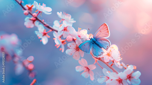 A lovely blue butterfly flying above a pink flower branch
