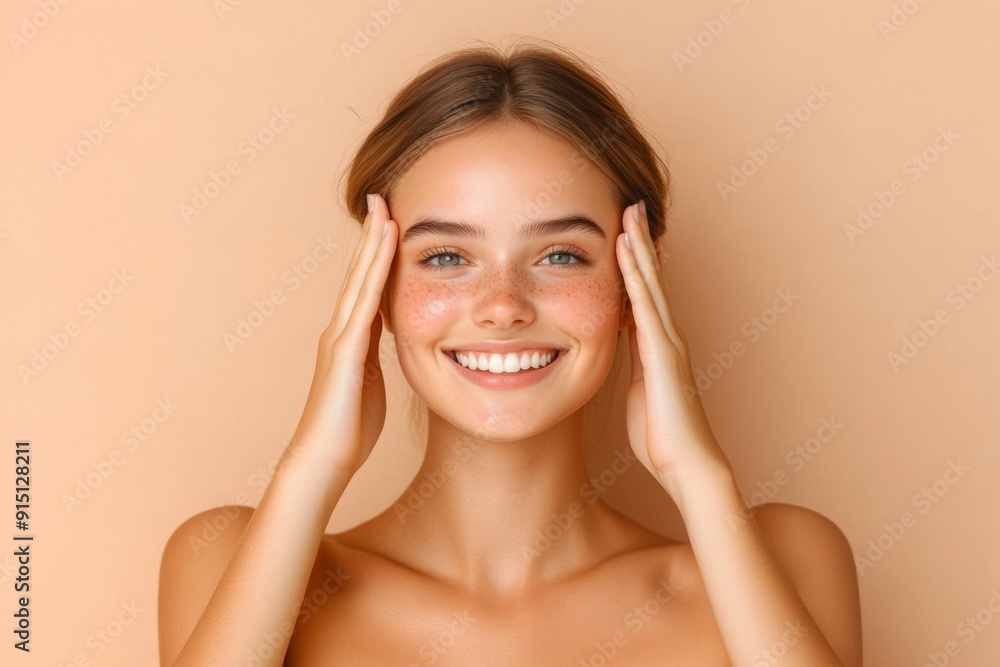 A young woman with a bright smile touches her face gently. She is radiant and beautiful, with clear skin and a natural glow. A young woman with a bright smile touches her face gently. She is radiant and beautiful, with clear skin and a natural glow.