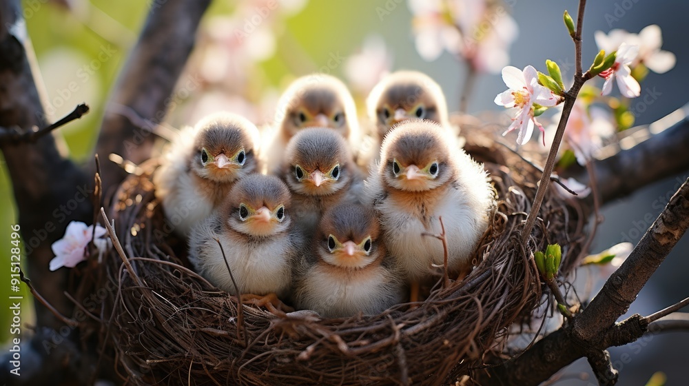 a nest of baby birds with a flower in the background. a nest of baby birds with a flower in the background.