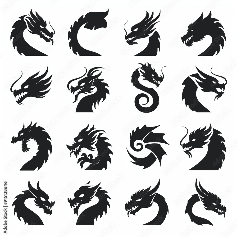 Set flat icon for dragon isolated on White background, Ai generated image Set flat icon for dragon isolated on White background, Ai generated image