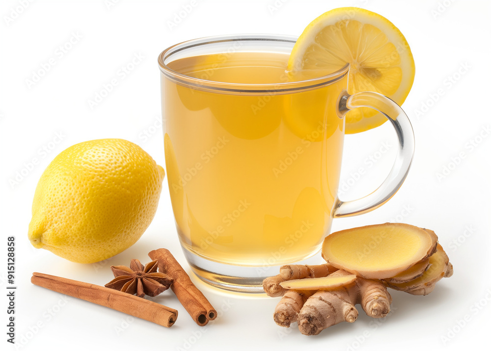 Fresh ginger roots, lemon, cinnamon sticks and cup of tea on white background. AI generation. Fresh ginger roots, lemon, cinnamon sticks and cup of tea on white background. AI generation.