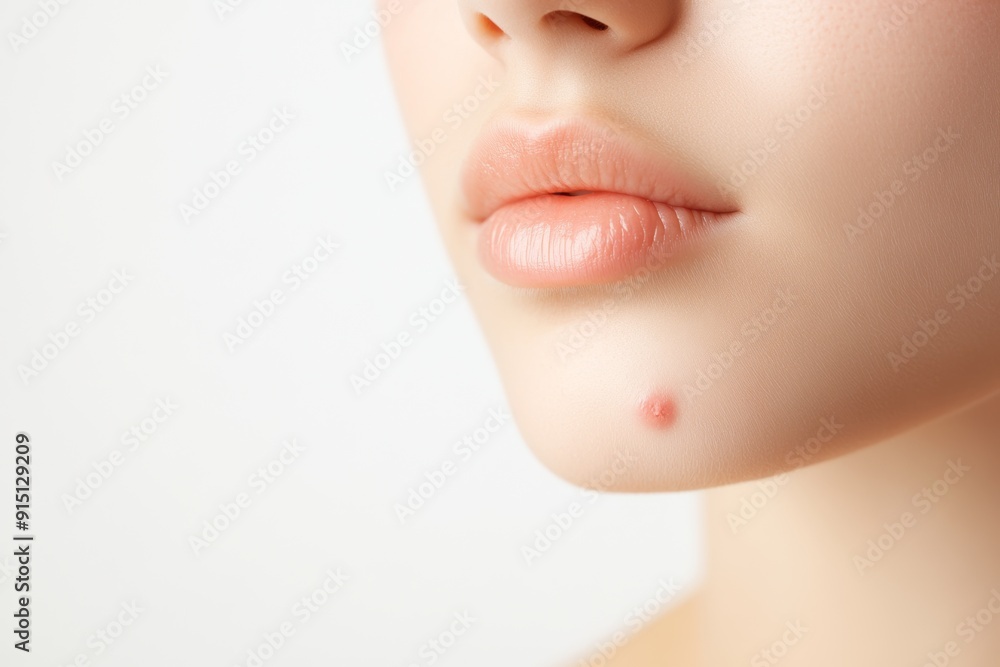 Close-up of a woman's face with a pimple on her chin. The photo highlights the common skin issue of acne. Close-up of a woman's face with a pimple on her chin. The photo highlights the common skin issue of acne.