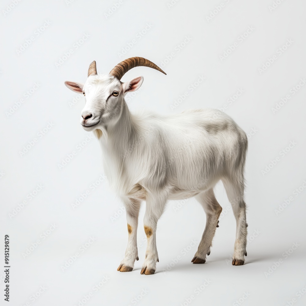 White Goat with Brown Horns Standing on a White Background White Goat with Brown Horns Standing on a White Background