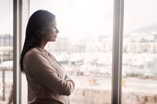 Free Download Woman, thinking and business at window with smile, ambition and career opportunity. Glass, real estate agent and reflection in office for urban growth, vision and good ideas for company development - GFXLoad