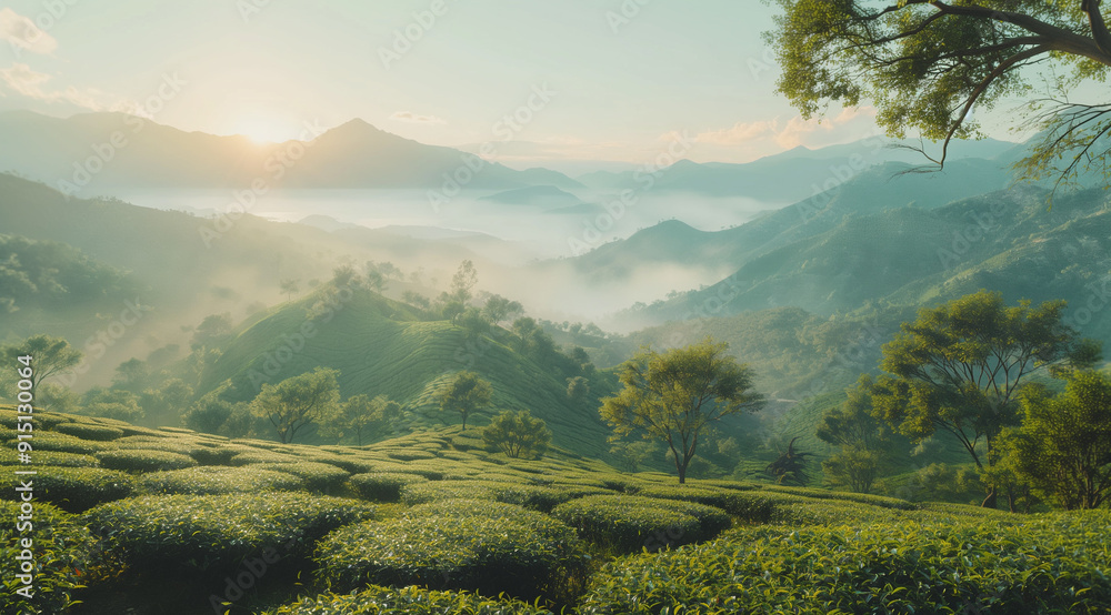 Morning Fog Over Green Tea Plantation in the Mountains Morning Fog Over Green Tea Plantation in the Mountains