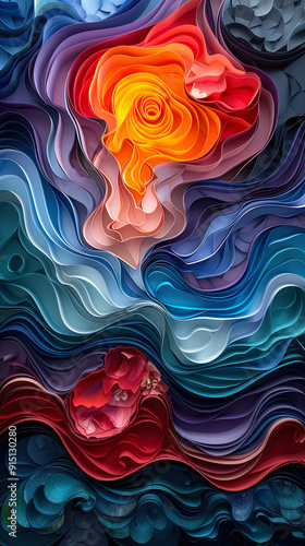 Abstract paper background with vibrant swirling patterns. Background, texture, overlay.