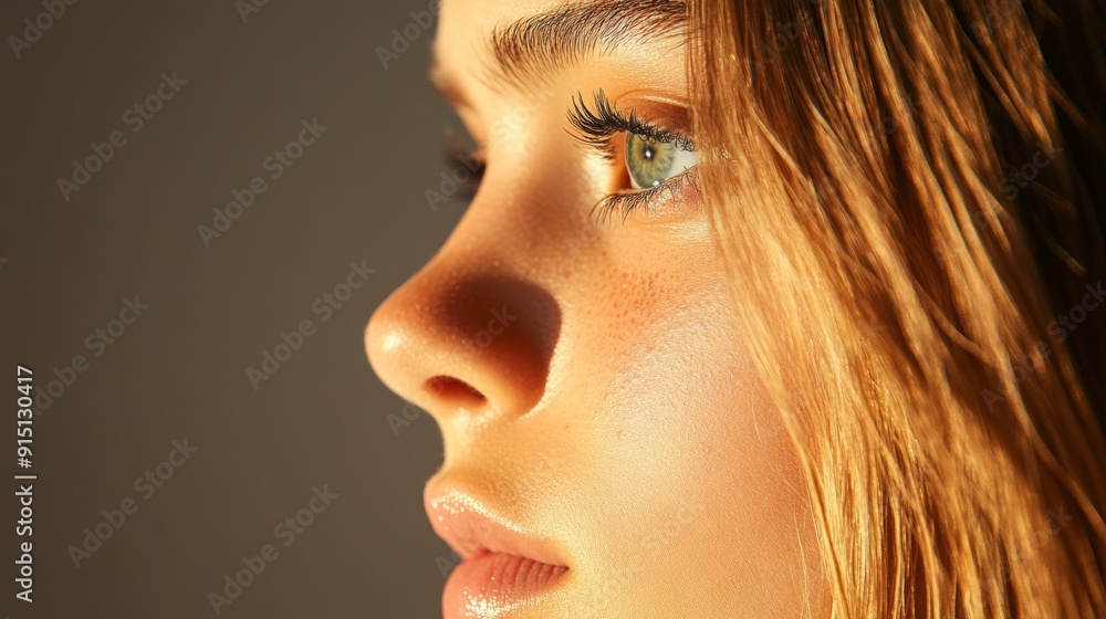 Close-up portrait of a young woman with long blonde hair, looking away from the camera with a soft expression. Golden light highlights her face. Close-up portrait of a young woman with long blonde hair, looking away from the camera with a soft expression. Golden light highlights her face.