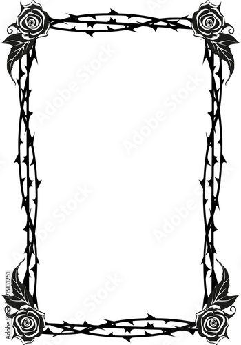 Blank thorn frame surrounded with roses and leaves in gothic tattoo style isolated on white background