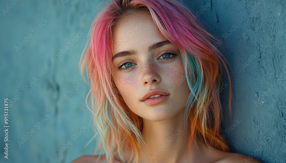 Fototapeta premium Young woman with pink and blue hair