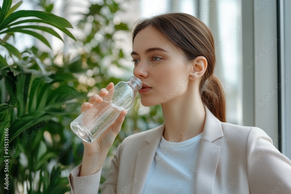 Businesswoman Staying Hydrated in Modern Office Environment Businesswoman Staying Hydrated in Modern Office Environment