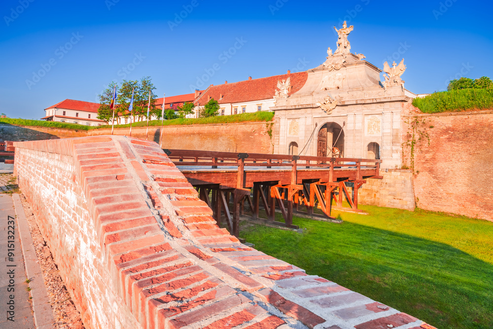 Alba Iulia, Romania. Baroque architectural gate of the stonewalled fortified Alba Carolina, Transylvania.