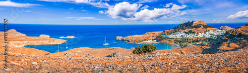 Obraz na płótnie Lindos, Rhodes. Beautiful Lindos Beach, amazing place in Greek Islands, Aeagean Sea. w salonie