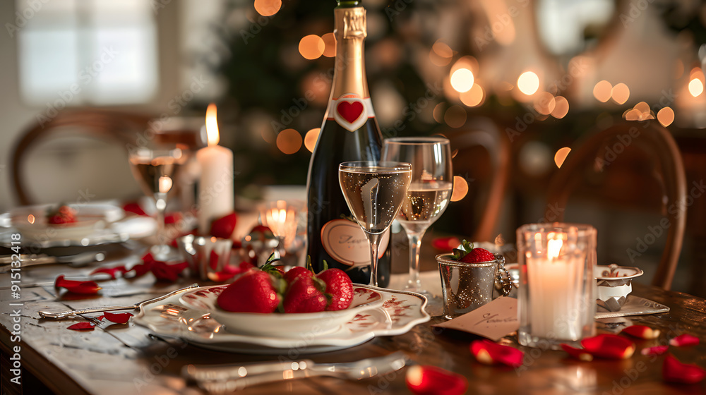 Fototapeta premium A picturesque Valentine's Day table setting adorned with heart-shaped place cards, elegant dinnerware, and candles, with romantic touches like rose petals and a bottle of champagne.