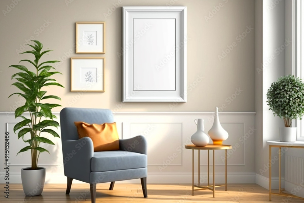Stylish living room with armchair, potted plants and a blank frame. Stylish living room with armchair, potted plants and a blank frame.