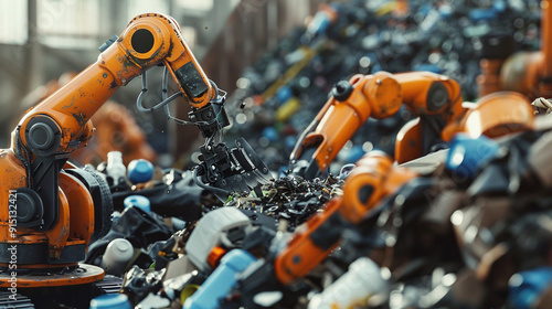 A robot diligently sorting and recycling waste materials photo