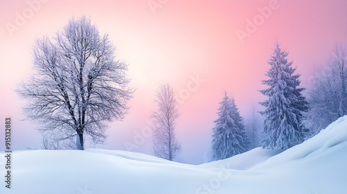 Wallpaper Mural A serene winter landscape features snow-covered hills, frosty trees, and a pastel sky showcasing soft hues of pink and purple at dawn Torontodigital.ca