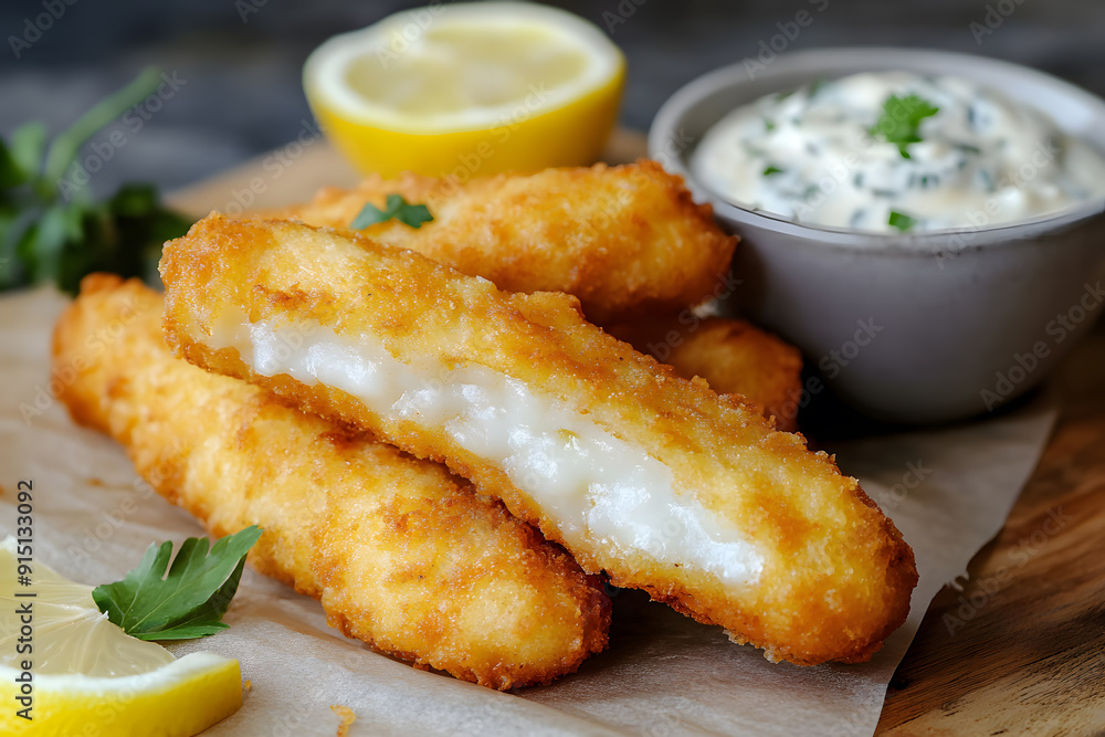 Fish sticks with lemon and tartar sauce commercial food photo Fish sticks with lemon and tartar sauce commercial food photo
