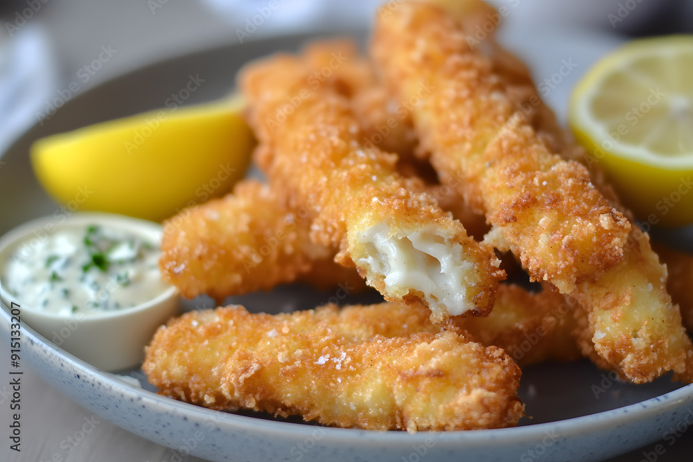 Fish sticks with lemon and tartar sauce commercial food photo Fish sticks with lemon and tartar sauce commercial food photo