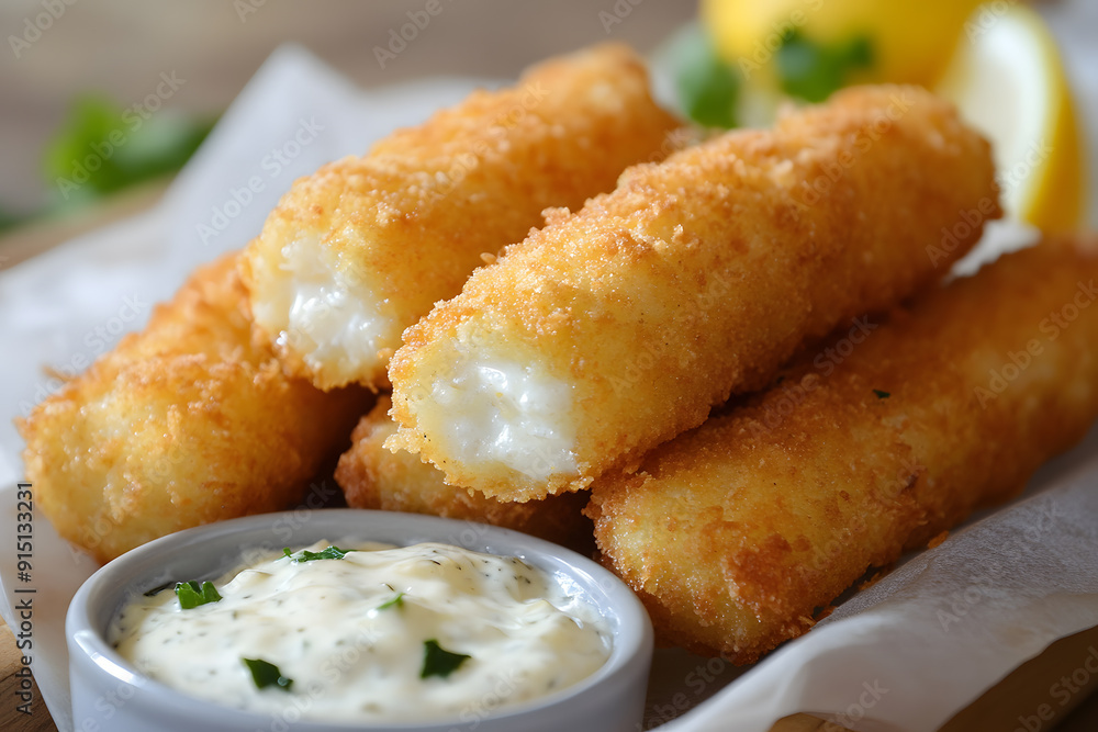 Fish sticks with lemon and tartar sauce commercial food photo Fish sticks with lemon and tartar sauce commercial food photo