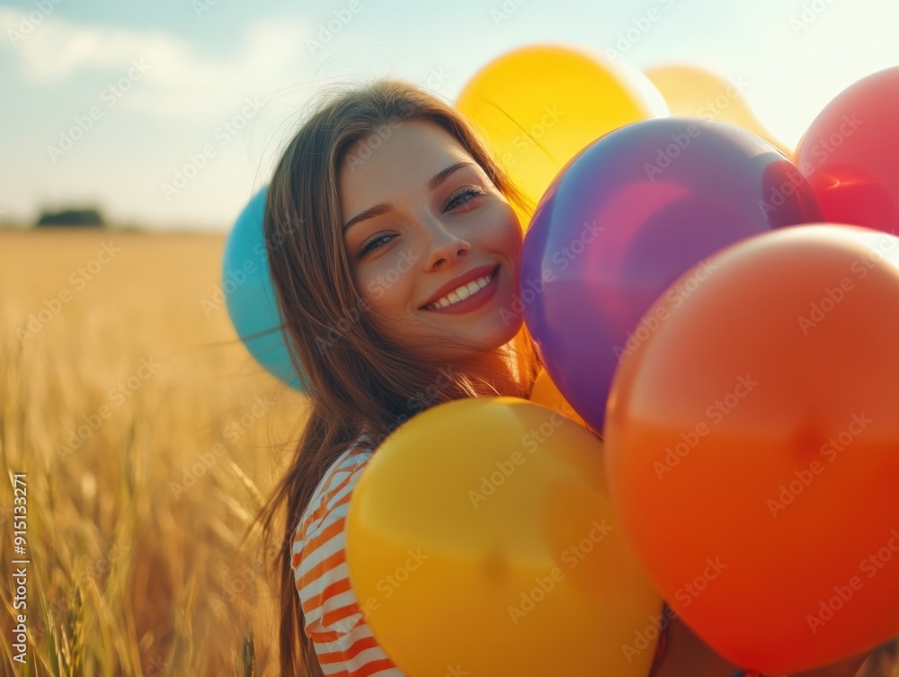 Obraz premium A woman holding a bunch of colorful balloons in a green field, perfect for celebrations and outdoor events