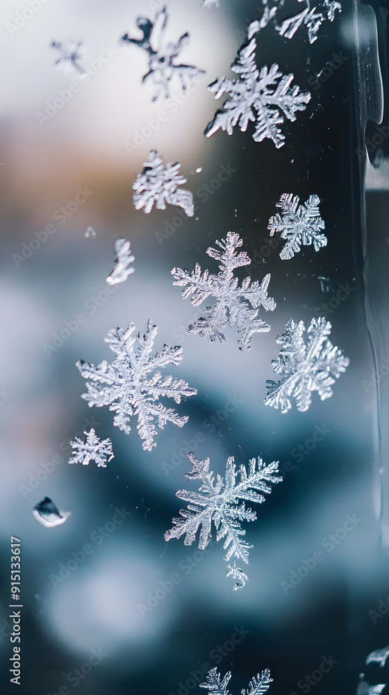 Delicate snowflakes cling to a frosty window, creating a beautiful winter scene with intricate patterns against a blurred backdrop of winter colors Delicate snowflakes cling to a frosty window, creating a beautiful winter scene with intricate patterns against a blurred backdrop of winter colors