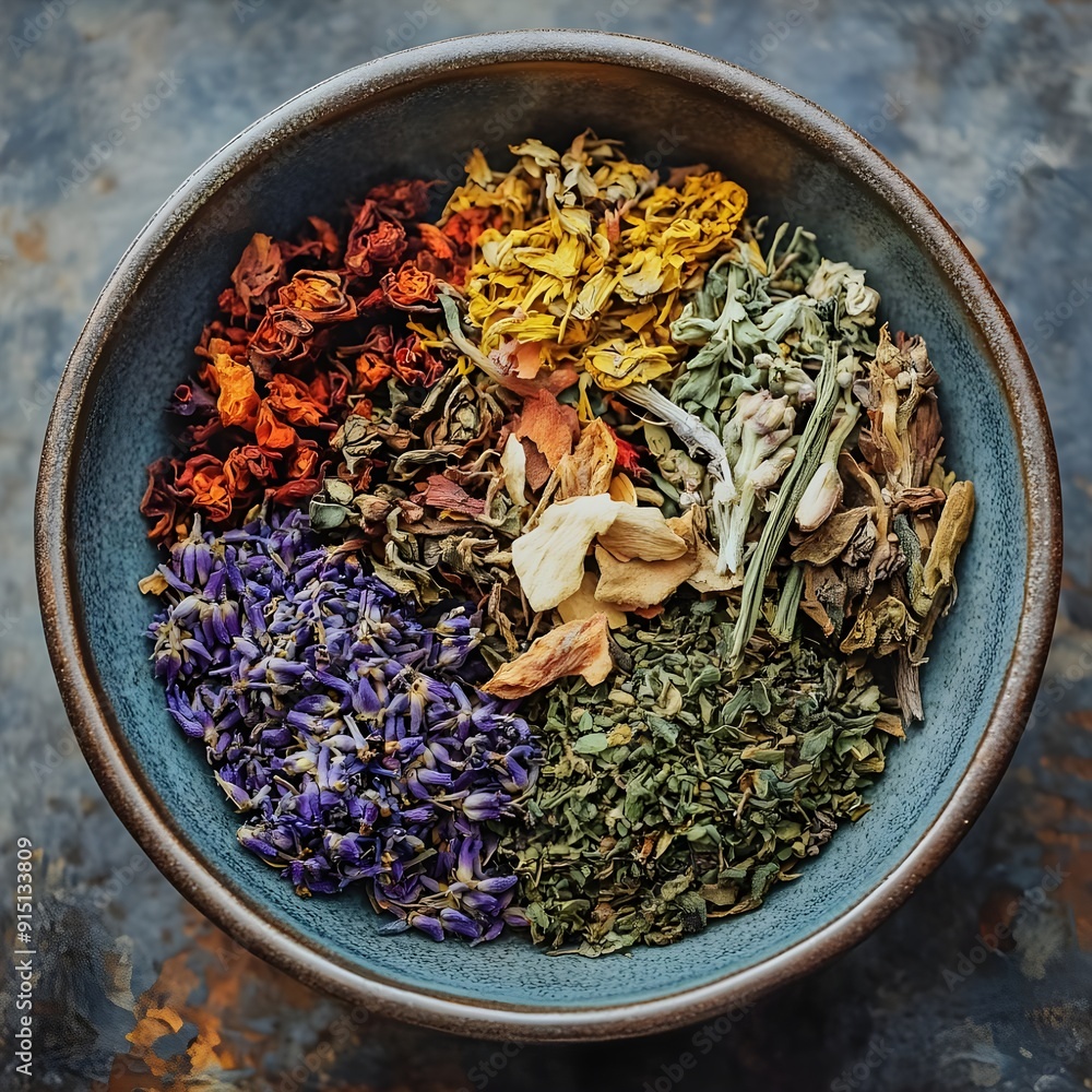 bowl of assorted dried herbs ready to be used for making herbal tea bowl of assorted dried herbs ready to be used for making herbal tea