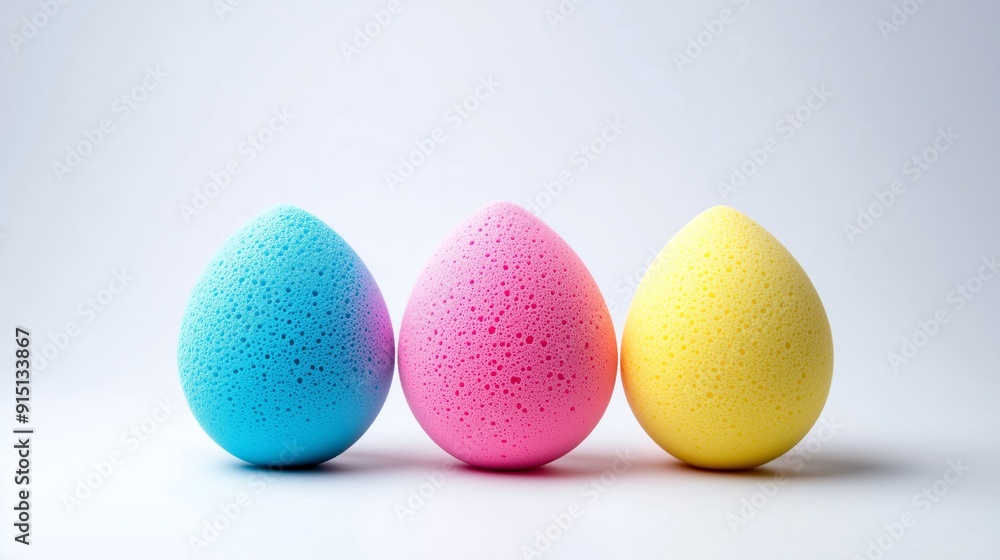 Colorful pastel eggs arranged in a row on a plain white background during springtime celebrations Colorful pastel eggs arranged in a row on a plain white background during springtime celebrations