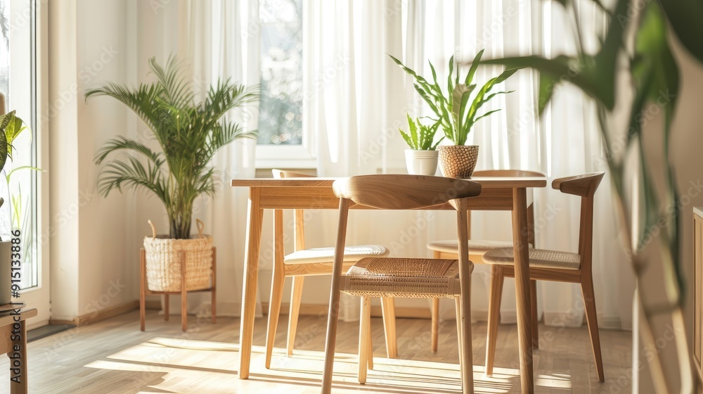Dining room with wooden table, chairs, and plant Dining room with wooden table, chairs, and plant